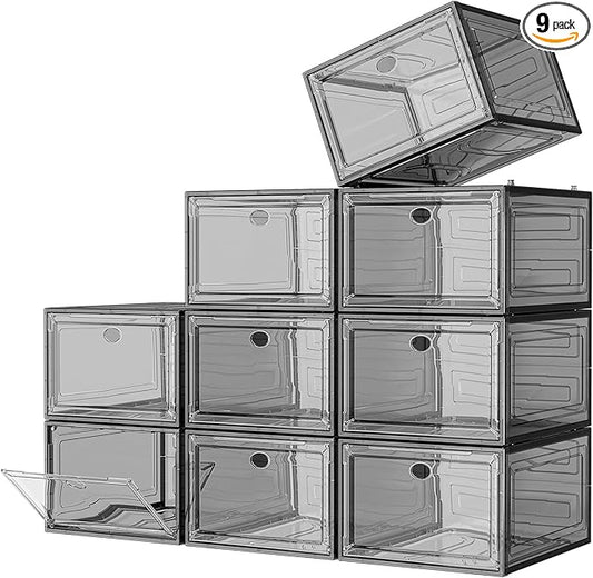 7 code Large Clear Shoe Boxes Organizer【Thicker Material】 Stronger Shoe Box with Magnetic Door, Stackable Shoe Storage Box for Closet, Foldable Space-Saving Storage Bins Shoe Cabinet, Black 9-Pack