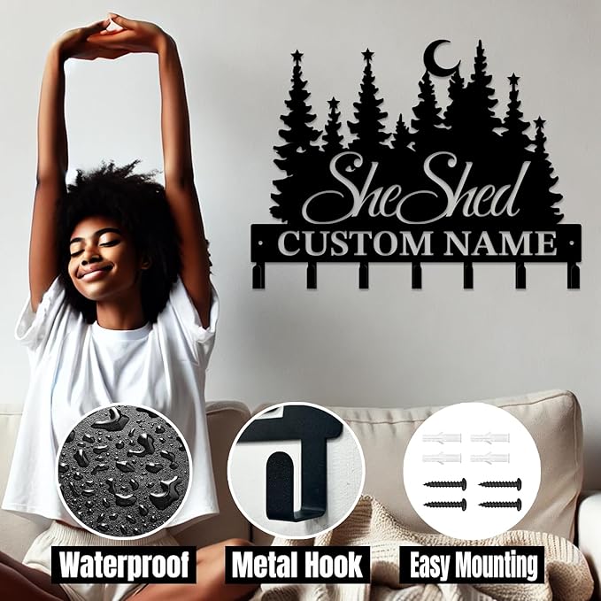 Personalized She Shed Keys Hooks,Custom Name Metal She Shed Art Keys Hooks,Metal She Shed Lover Wall Home Storage Decorative Keys Hooks,Key Holder Hooks for Wall (Style I)