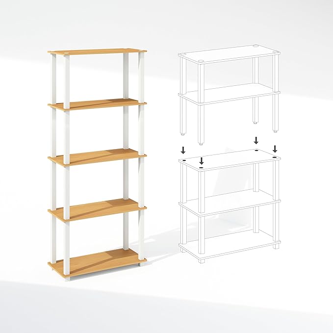 Furinno Turn-S-Tube Storage Shelves Set of 2, 3-Tier Book Shelf, Corner Shelf, Toolless Open Shelves, Square Tubes, for Organization and Storage, Living Room, Garage, Home Office, Beech