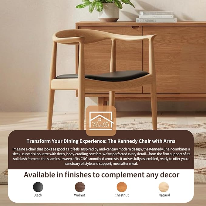 Tomile Upholstered Dining Chair Kennedy Armchair, Mid Century Modern Kitchen & Dining Chairs with PU Leather Cushion Seat, Hans Wegner Elbow Chair for Living Room Bedroom Office (Natural Wood Color)