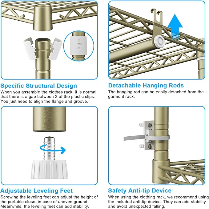 Ulif E13 Heavy Duty Clothes Rack（With 4 Hanger Rods & 8 Shelves） Freestanding Clothing Racks for Hanging Clothes，Adjustable Closet Organizer，Metal Garment Rack 63" W x16 D x77 H，Max Load 900LBS，Gold