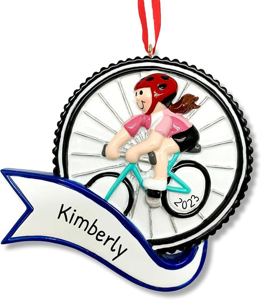 Ornaments by Elves - Personalized Cycling Girl Christmas Ornaments Customized Bicycle Ornament Girl Bicyclist Ornament for Cyclist and Christmas Decorations in Giftable Packaging
