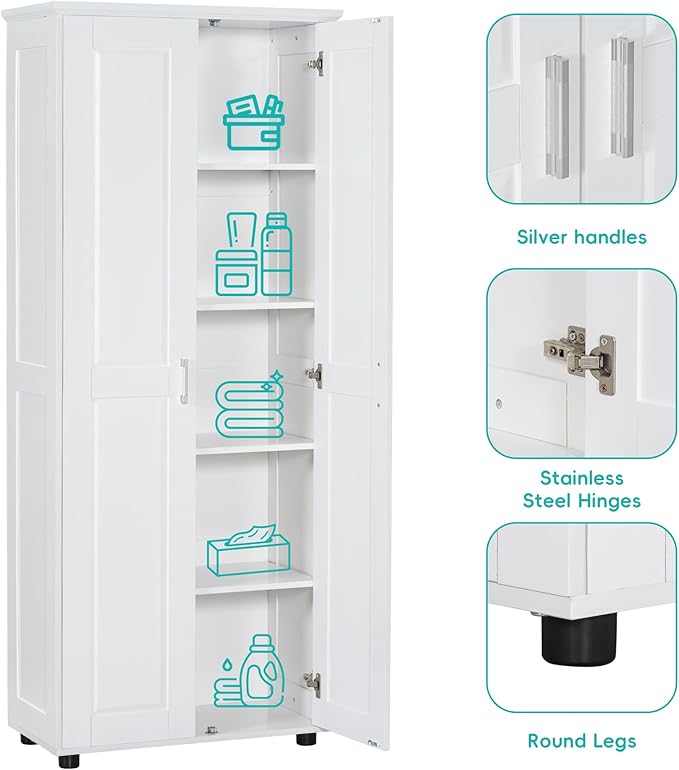 Tall Storage Cabinet with Two Doors for Bathroom, Kicthen or Living Room, 5 Tiers, Adjustable Shelf, Painted Finish, White