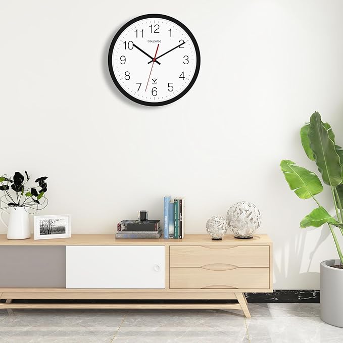 WiFi Wall Clock with Auto-DST, 12 Inch Silent Non-Ticking Round Analog Modern Battery Powered Clock Smart Analog WiFi Clock for Home Kitchen Office Classroom