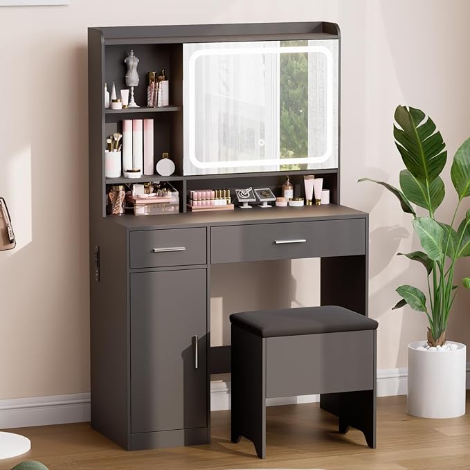 Vanity Desk with Sliding Mirror & Power Outlets - Dimmable LED Lighting, 4 Open Shelves, 2 Drawers, 1Storage Cabinet & Padded Stool - Ideal Bedroom Makeup Dressing Table （Black）
