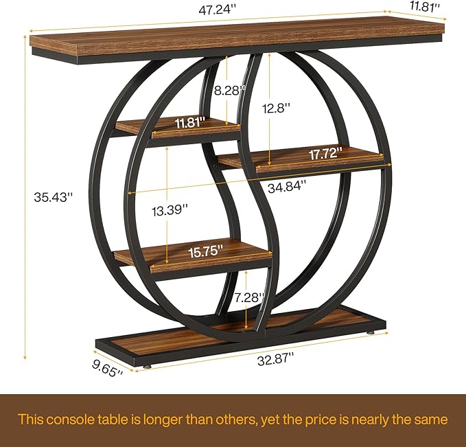 Tribesigns 47.24" Entryway Table, Industrial 5-Tier Console Sofa Table with Multiple Storage Shelves, Narrow Wood Accent Long Tables with Metal Frame for Small Spaces, Hallway, Foyer, Rustic Brown