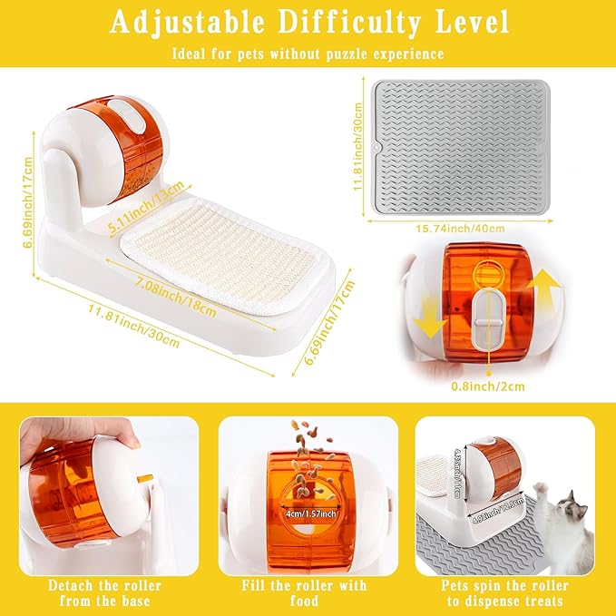 Cat Puzzle Feeder,Adjustable Difficulty Interactive Cat Food Treat Dispenser,Slow Feeder Dog Bowl Stimulate Brain Training Pet Treat Puzzle Toys with Anti-Slip Mat for Dog Small Animals (White)