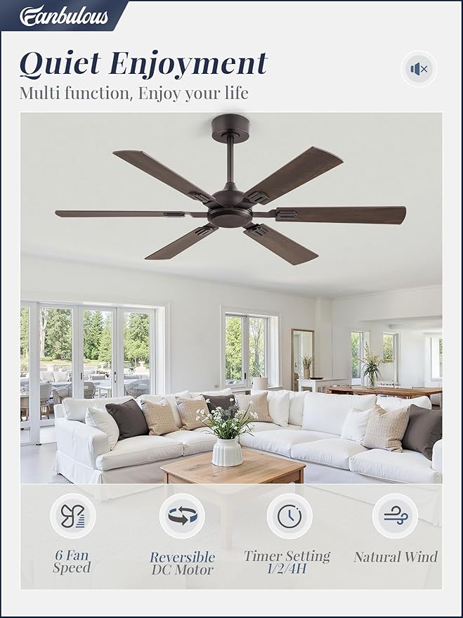 Fanbulous 52 Inch Ceiling Fans No Light with Remote, Modern Ceiling Fan Without Light, Dual Finish 6 Blades, Reversible DC Motor, 6 Speed, Large Ceiling Fan for Indoor or Covered Outdoor, Oil Bronze