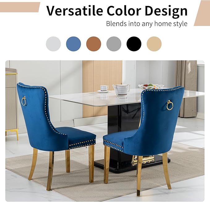 Luxury Upholstered Dining Chairs Set of 8, Blue Kitchen Chair with Golden Metal Legs, Velvet Tufted Back Dining Chair, Sillas de Comedor, Modern Kitchen & Dining Room Chairs (Blue, 8 Pcs)