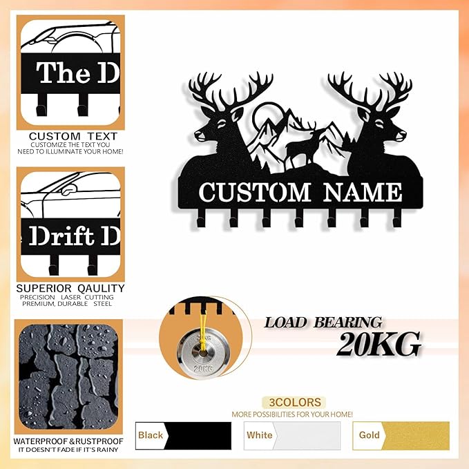 Personalized Deer Key Holder Wall Mount, Custom Metal Keys Hanger for Wall with Name, Custom Key Rack Holder with Hooks for Entryway, Front Door, Hallway, Living Room, Kitchen