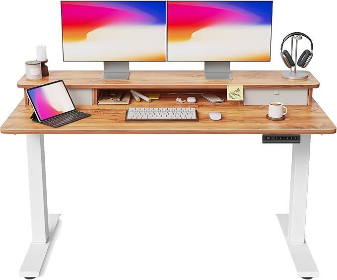 FEZIBO 63 x 28 Inch Deeper Height Adjustable Electric Standing Desk with Double Drawers, Sit Stand Up, Home Office Computer Desk with 4 Height-Adjustable Feets & 2 Hooks, White Frame/Light Rustic Top