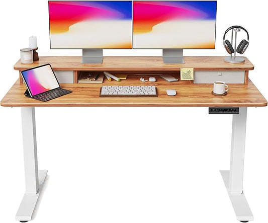 FEZIBO 63 x 28 Inch Deeper Height Adjustable Electric Standing Desk with Double Drawers, Sit Stand Up, Home Office Computer Desk with 4 Height-Adjustable Feets & 2 Hooks, White Frame/Light Rustic Top
