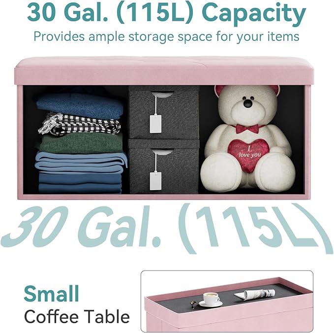 BRIAN & DANY Folding Storage Ottoman Bench, Ottoman with Storage, Foot Rest, Benches Seat for Bedroom, Living Room, Entryway, Long Shoes Bench, 15.7" x 31.5" x 15.7" Pink