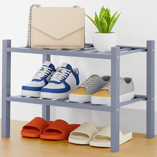 Smiry Shoe Rack, 2 Tier Thick Small Bamboo Shoe Organizer, Stackable Free Standing Wooden Shoe Storage Shelf for Closet, Entryway, Front Door Entrance, Grey
