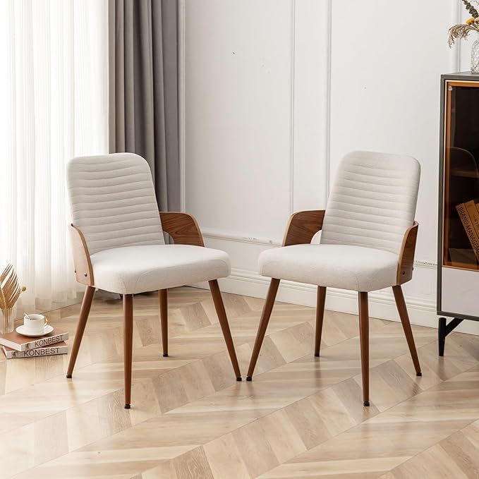 Dining Room Chairs,Mid Century Modern Kitchen Chairs,Upholstered Beige Fabric Accent Chairs,Metal Legs Wooden Desk Chairs Armless and No Wheels for Kitchen Dining Living Room,1PCS