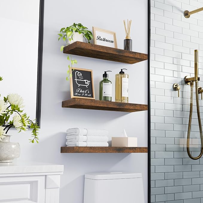 BAYKA Floating Shelves Bathroom for Wall – Shelf Over Toilet Farmhouse Rustic Wood for Bedroom, Kitchen, or Living Room Decor Organization, Christmas Decor Shelves – Rustic Brown, Set of 3