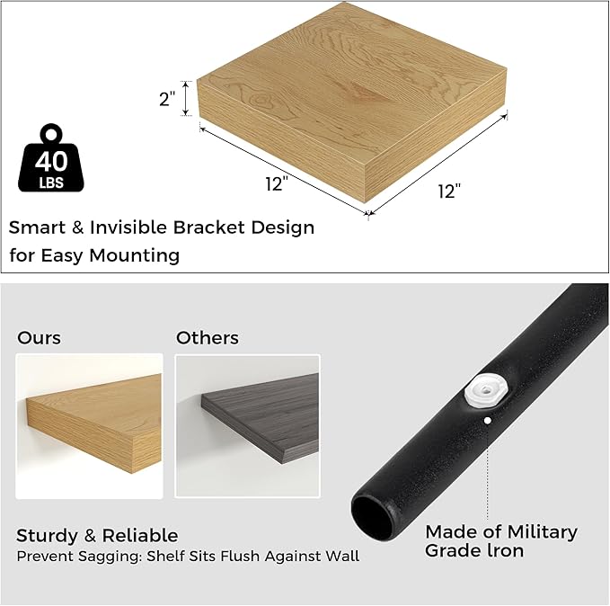Square Floating Shelves for Wall, 12" W x 12" D x 2" H, 2 Pack of Small Wall Mounted Engineered Wood Shelves with Invisible Brackets for Living Room, Bedroom, Bathroom, Kitchen Decor, Oak