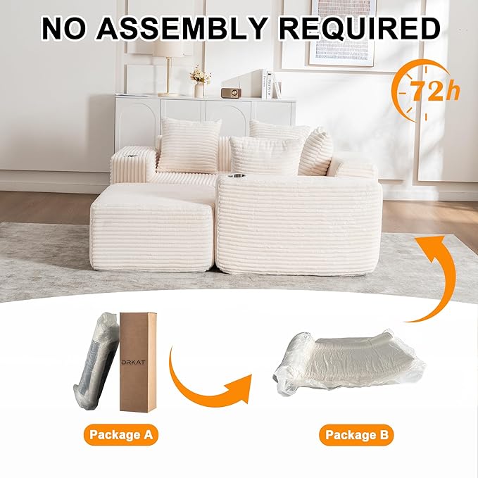 106" Modular Sectional Sofa, Modern Cloud L-Shape Couch with Ottoman Chaise, Comfy Deep Seat Chenille Boneless Couches for Living Room, No Assembly Required, Beige