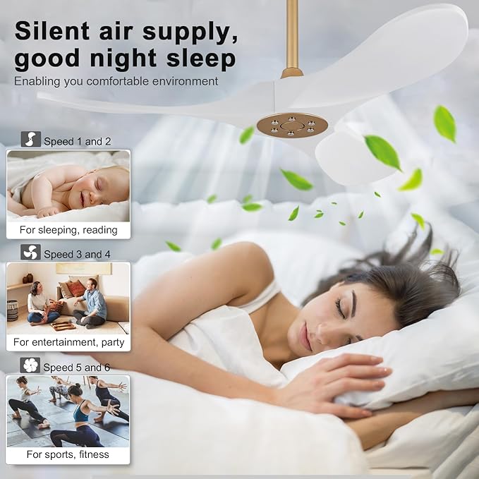 42 Inch Solid Wood Ceiling Fan with Remote,White and Gold, no Light, 6 Speeds, Reversible DC Motor, Modern Ceiling Fans Without Lights for Outdoor Indoor Bedroom Farmhouse,Patios