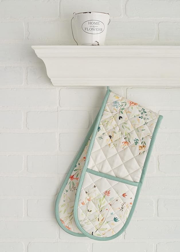 Maison d' Hermine Double Oven Mitts 100% Cotton 7"x35" Double Oven Mitt Heat Resistant BBQ Cooking Gloves with Loop, Baking, Grilling, Home, Kitchen, Handling Hot Pans Spring Summer (Colmar)