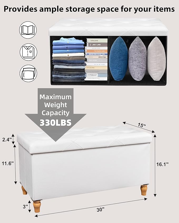 GLAXYFUR 30 Inches Storage Ottoman Bench with Wooden Legs, Faux Leather Folding Ottoman Foot Rest, Storage Bench for Living Room, Hallway & Bedroom, Upgrade Large Capacity (Engineered Wood, White)