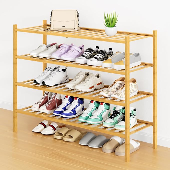 Smiry Shoe Rack, 4 Tier Long Bamboo Shoe Organizer, Stackable Free Standing Wooden Shoe Storage Shelf for Closet, Entryway, Front Door Entrance, Natural