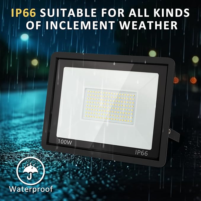 100W LED Flood Light Outdoor, 10000LM Super Bright Floodlight Outside Work Lightwith Plug, 6500K Daylight White LED Flood Light Outdoor, IP66 Waterproof Outdoor Flood Light-1Pack