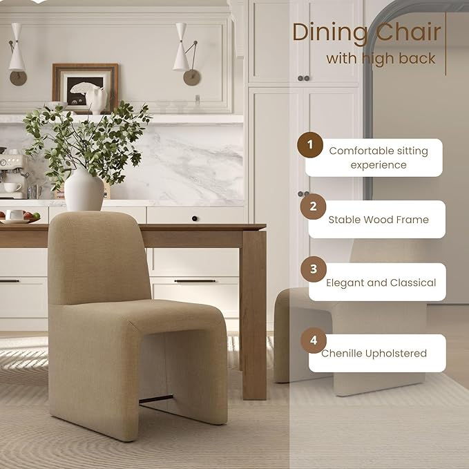 Khaki Upholstered Chenille Dining Chairs Set of 6, Mid Century Modern Dining Room Chairs with Deep Seat & Curved Back, Armless Side Chair Comfy Kitchen Chairs for Living Room/Kitchen