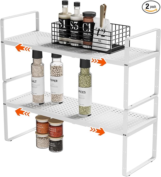 2Pack 16.5-27’’L Expandable Cabinet Countertop Shelf Organizer, Stackable Metal Shelves, Kitchen Organizers and Storage, White Storage Spice Rack for Pantry and Cupboard