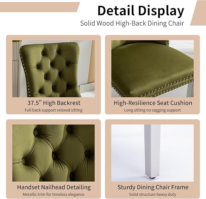 Luxury Upholstered Dining Chairs Set of 8, Olive Green Kitchen Chair with Silver Metal Legs, Velvet Tufted Back Dining Chair, Sillas de Comedor, Modern Kitchen & Dining Room Chairs (Olive, 8 Pcs)