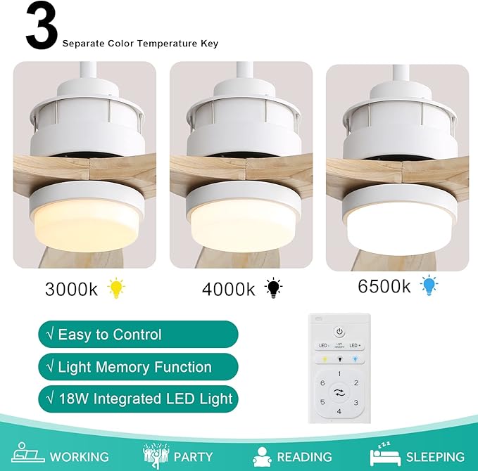 Sofucor 60 inch Ceiling Fan with Lights, Mordern Large LED Ceiling Fan with Remote, 3 Light Wood Blades and 3 White Downrods, for Indoor Living Room Bedroom Outdoor Patio Porch, Reversible DC Motor