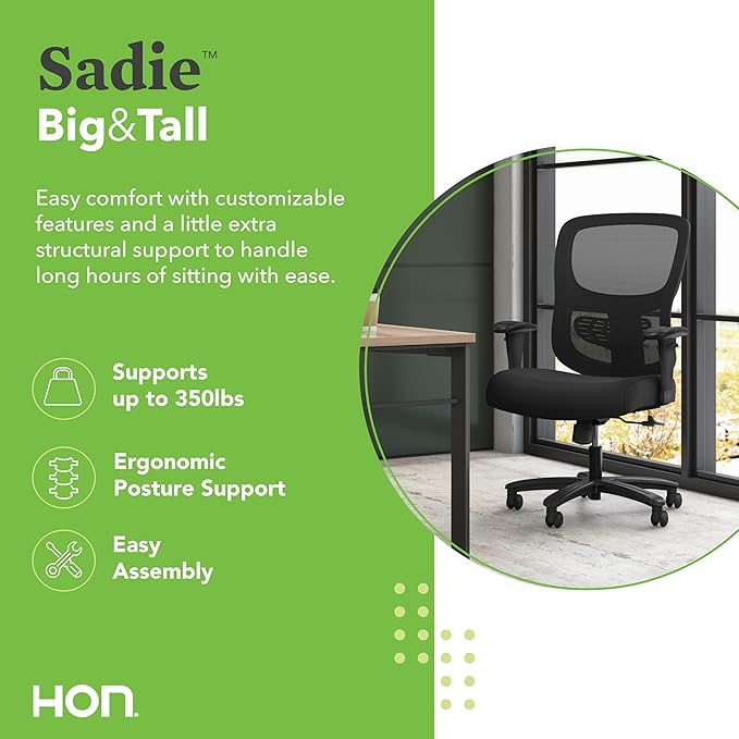HON Sadie Big and Tall Office Chair, Ergonomic Desk Chair with Mesh Back, Lumbar Support, 350 lb Max, Black