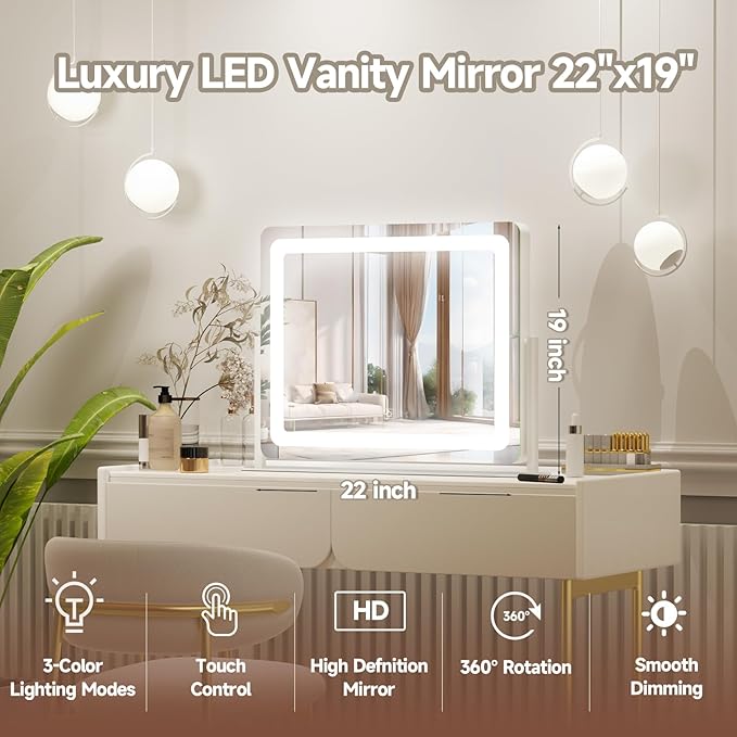 PRIMETEK Vanity Mirror with Lights, 22"x19" Large Makeup Mirror with Lights, Hollywood LED Lighted Makeup Mirror, Touch Sensor with 3-Color Lighting, Dimmable for Vanity Desk Tabletop, Bedroom, White