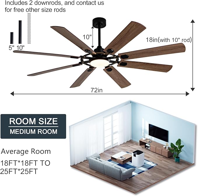 BOOMJOY Dimmable 72 Inch Black Outdoor Ceiling Fans with Lights and Remote Control, 8 Blades Large Outdoor Ceiling Fans for Patios,Big Bedroom Ceiling Fan for Indoor Living Room