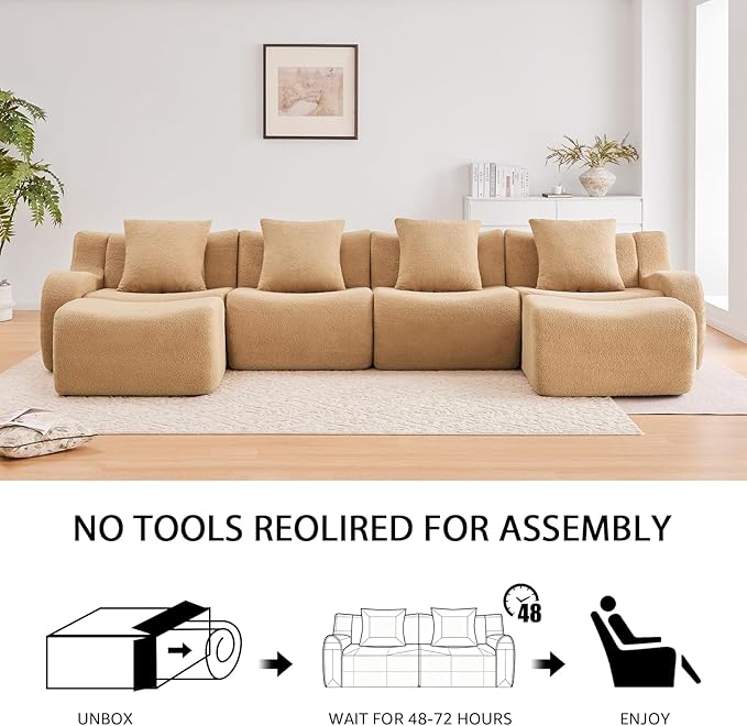 Camel Teddy Fabric Cloud Ottoman, Modern Boneless Modular Footstool in a Box for Living Room, Comfortable Deep Seat Design, No Assembly Required, Sofas para Sala