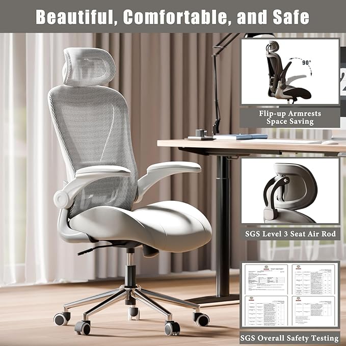Grey Ergonomic Home Office Desk Chair, Premium Thickened Leather Curved seat with Breathable mesh Back, 3D headrest and Adjustable Lumbar Support, Ideal Chair for Office or Gaming, Gray