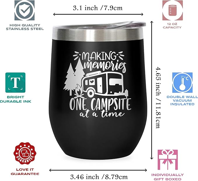 Camper Wine Tumbler Coffee Mug, Stemless Tumblers with Lid, Stainless Steel Insulated Vacuum 12 Oz, Camping Gifts, Making Memories One Campsite At A Time
