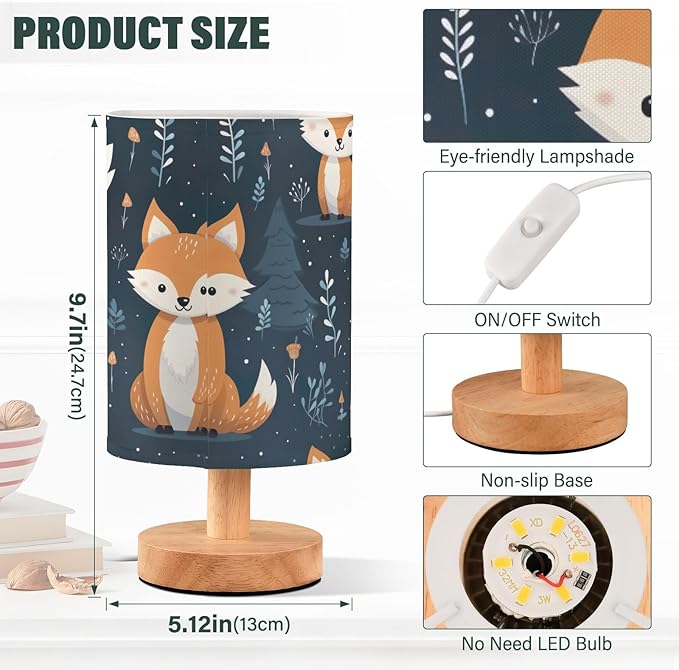 Bedside Lamp Cute Fox Animal Table Lamp with USB Port Wood Base for Living