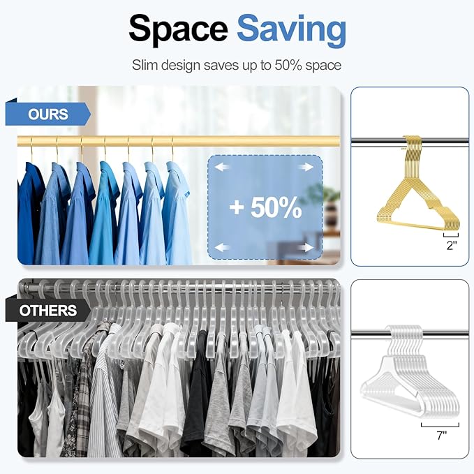 Metal Wire Clothes Hangers Bulk 30 Pack Gold, Heavy Duty Ultra Thin Space Saving Hangers with Non-Slip Notches, for Suits, Coats, Dresses, Shirts, Pants, Closet Organizer