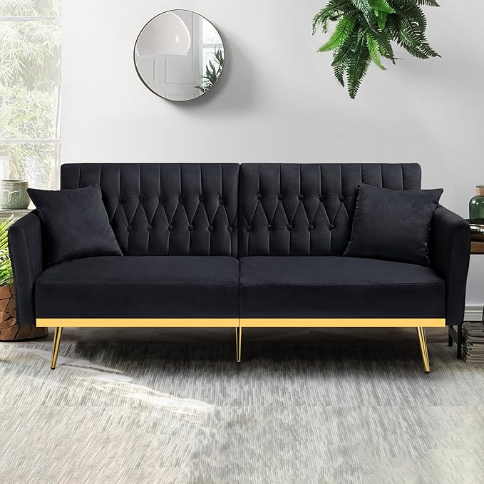 70” Velvet Futon Sofa Bed with 2 Pillows and Adjustable Armrests, Convertible Sleeper Bed W/Adjustable Backrests, Modern Loveseat for Living Room, Bedroom, Black