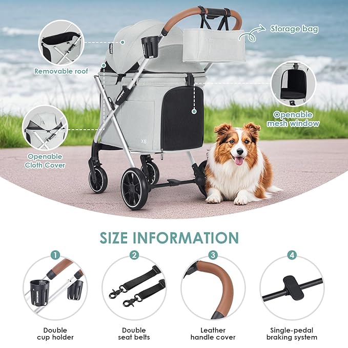 X6 Luxury Pet Stroller for Medium Dogs up to 66 lbs, One-Second Fold Design, 180° Canopy, 4-Wheel Shock Absorption (Green)