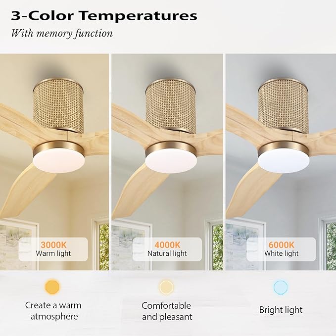 52" Ceiling Fan with Light - Low Profile Flush Mount Ceiling Fan, 6-Speed Remote Control, Solid Wood, Quiet Reversible DC Motor, Boho Style, for Bedroom, Living Room, Porch, Light Oak/Gold
