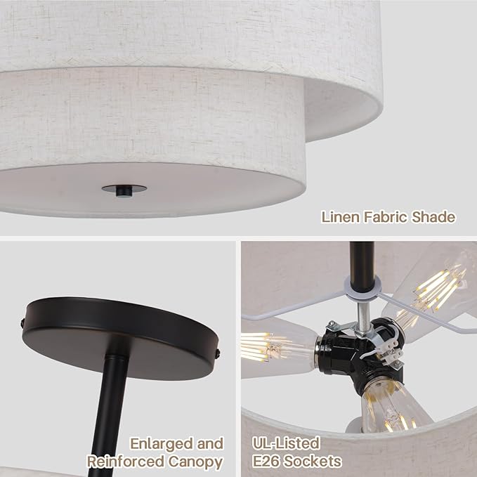 18 Inch Large Semi Flush Mount Ceiling Light Fixture with Dual Drum Design, Farmhouse Fabric Linen Shade for Bedroom, Living Room, Kitchen, and Dining - Modern Chandelier Lamp