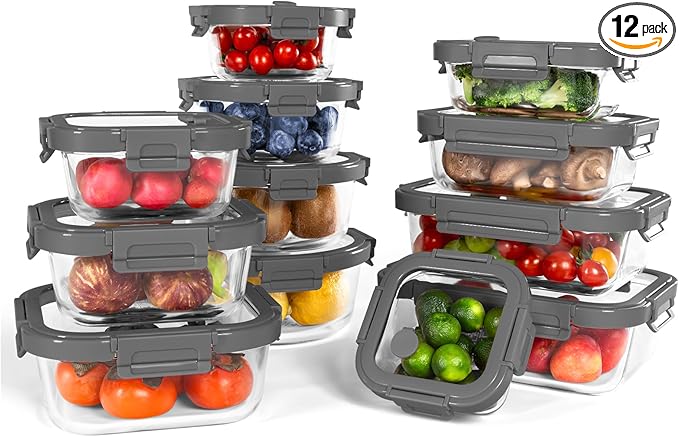 12-Pack Glass Containers with Tempered Lids – Borosilicate, Oven-Safe, Airtight, BPA-Free, Multi-Size for Meal Prep, Dishwasher Safe (Gray)