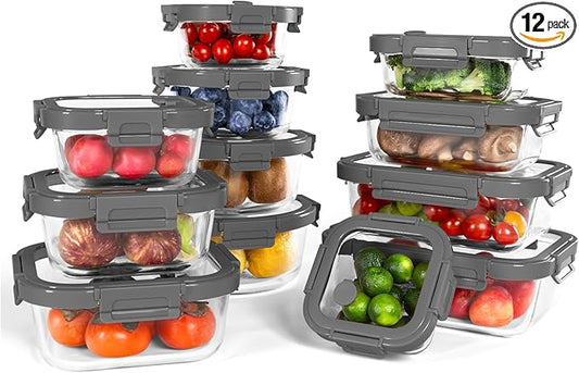 12-Pack Glass Containers with Tempered Lids – Borosilicate, Oven-Safe, Airtight, BPA-Free, Multi-Size for Meal Prep, Dishwasher Safe (Gray)
