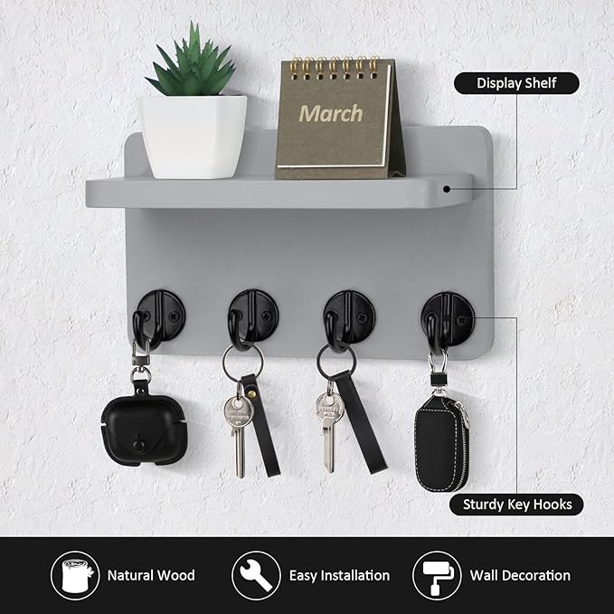 Nekon Key Holder Wall Mount, 8.5 Inch Small Home Decor Wooden Wall Organizer with 4 Hooks and Shelf, Wall Decor for Living Room Entryway Kitchen (Gray)