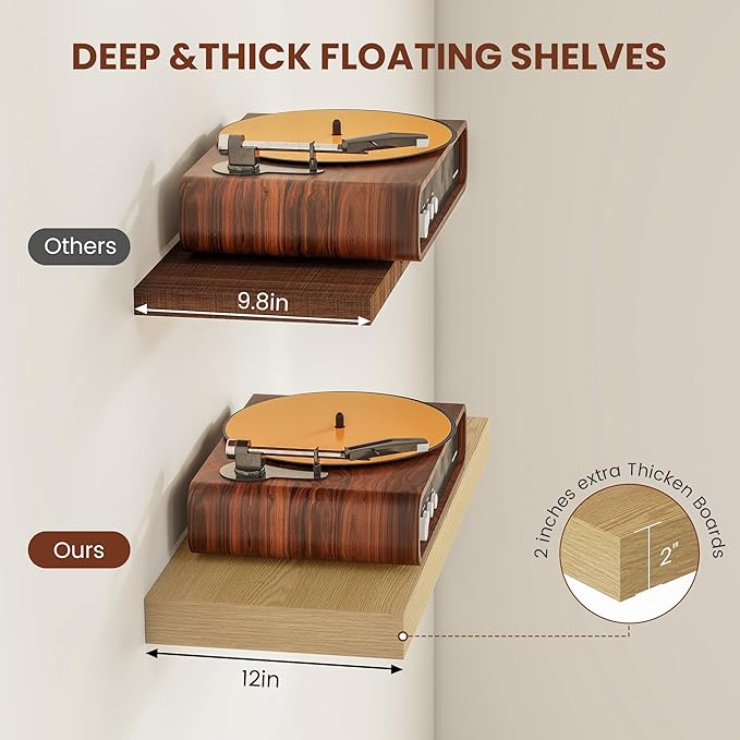 Vivelove 12 Inch Deep Floating Shelves 24 inch Long, 24 x 12 Wide Wall Shelves with Invisible Brackets, Shelf for Bedroom Bathroom Living Room Kitchen Office Home Decor, Modern Shelf Set of 2, Oak