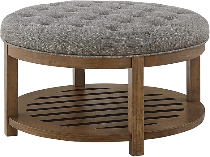 24KF Large Round Upholstered Tufted Linen Ottoman Coffee Table, Large Footrest Ottoman with Wood Shelf Storage-Granite