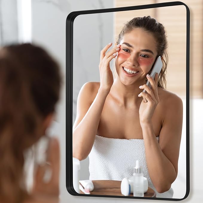 Wall Mirror 30" x 48" for Bathroom Black Metal Deep Frame Mirror for Wall Decorative Rectangular Round Corner Wall Mounted Vanity Mirror for Bedroom Living Room Entryway Wall Decor