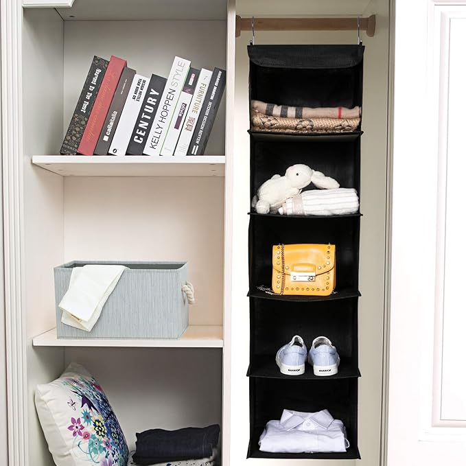 2 Pack Hanging Closet Organizer, 5 Shelves Hanging Storage with 6 Side Pockets for Clothes Shoes, 43"x12"x12"(Black)